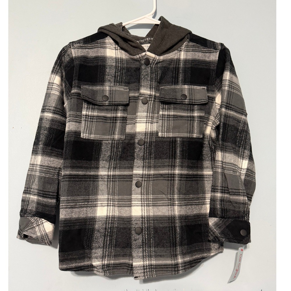 Cat & Jack Kids M 8 Charcoal White Plaid Hooded Flannel Snap Front Shirt 2335